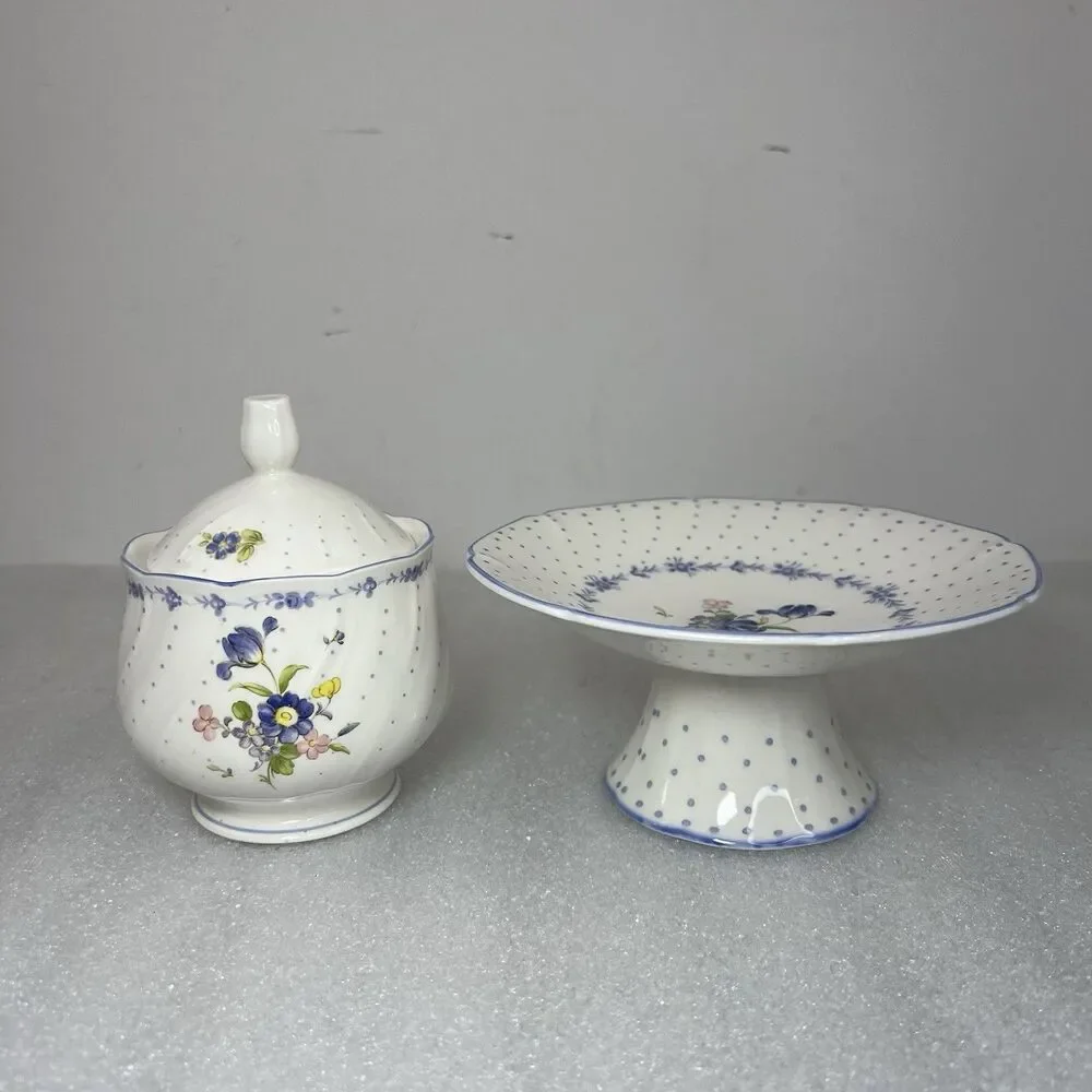 Vtg Nikko Blue Peony Sugar Bowl & Candy Compote Floral Dot Cottagecore Japan